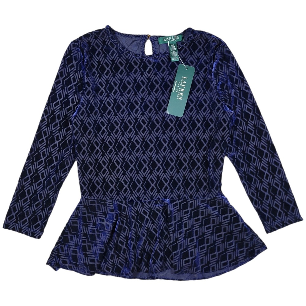 LRL Ralph Lauren Peplum Top Women PXS Navy Velvet Burnout Holiday Sheer Blouse